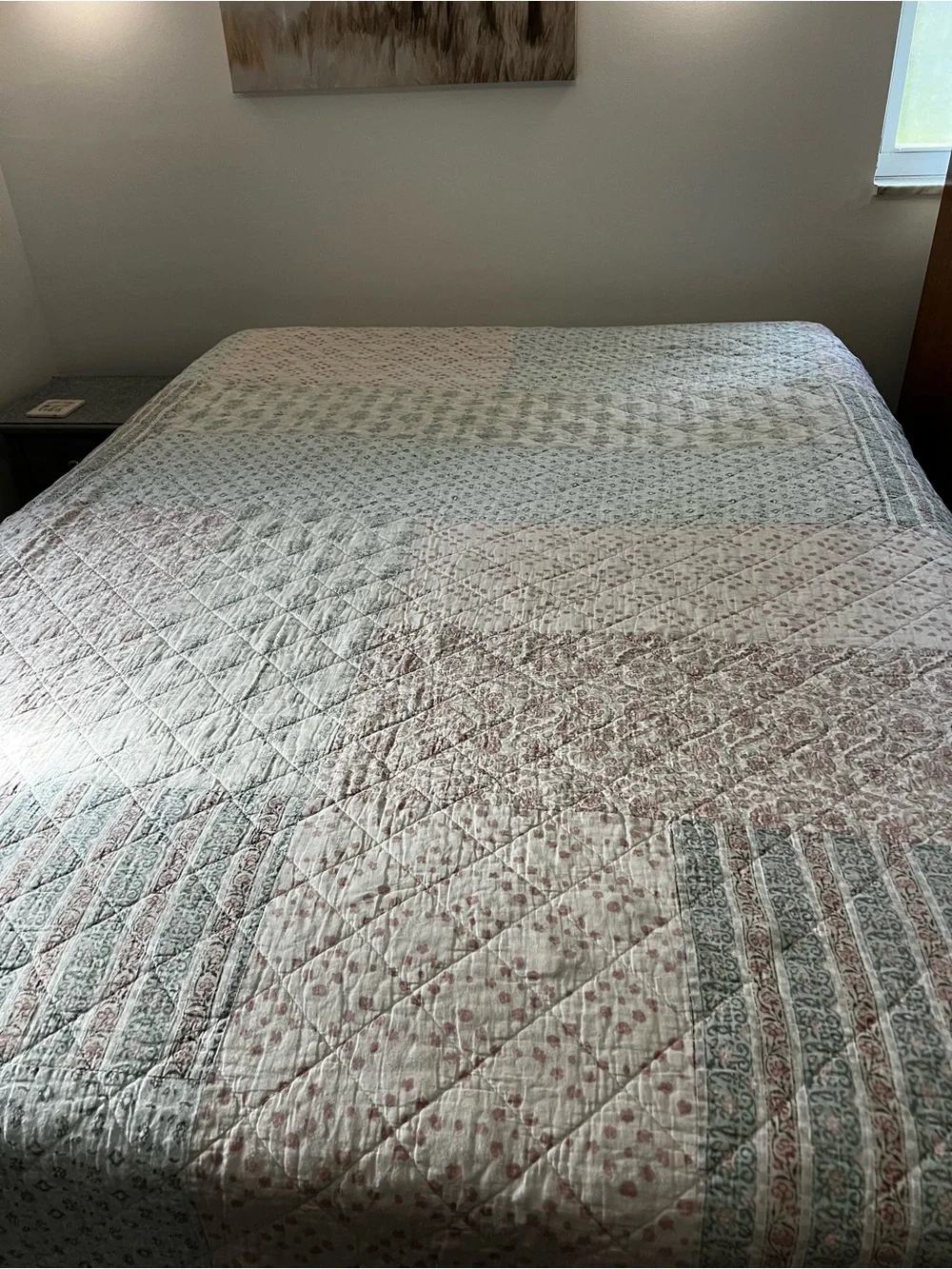 Shabby Chic Quilted Floral Bedspread in Sage and Blush